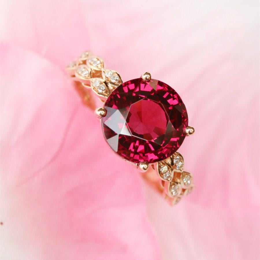 7mm Peach Red Garnet Round & Diamond Ring - 18K  Yellow Gold