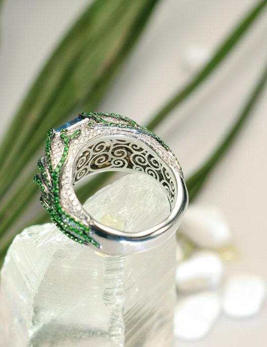 Blue Sapphire & Tsavorite Horizontal Stone Ring - 18K White Gold
