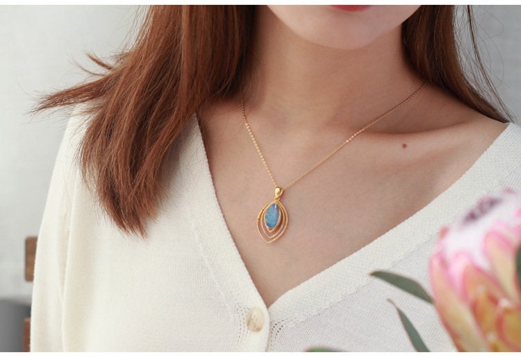 Mermaid Opal Pendant Necklace - 18K Yellow Gold with Diamond