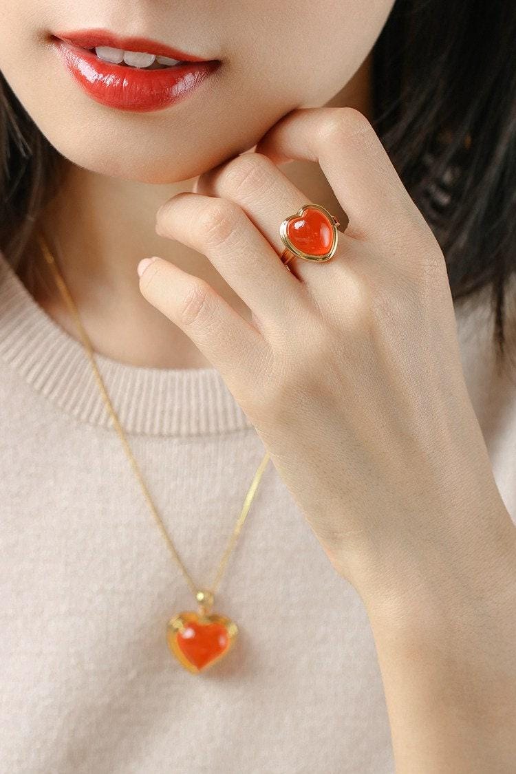 Southern Red Agate Heart Necklace with Diamond Accent in 18K Gold
