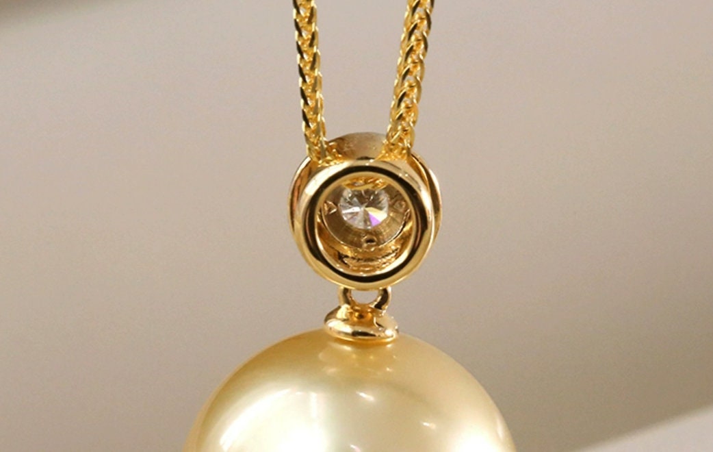 14mm South Sea Golden Pearl & Diamond Necklace in 18K Gold