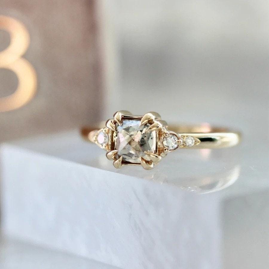 1ct Champagne Diamonds Cushion Rose Cut 14K Gold Engagemen Ring