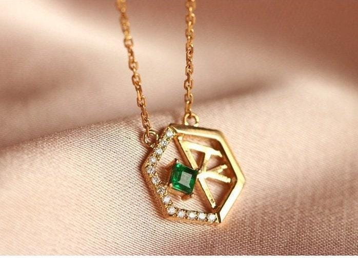 Emerald & White Diamond Hexagon Shape 18K Necklace,