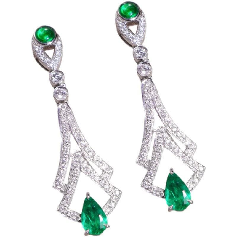 Emerald & White Diamonds Earrings in 18K White Gold