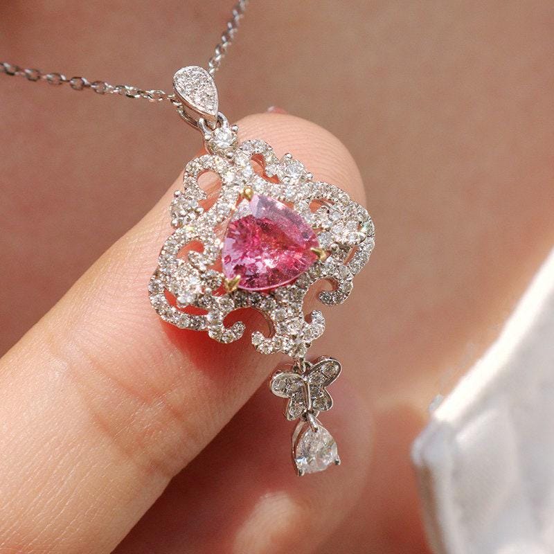 Pink Peach Sapphire Trillion Cut 18K Gold Pendant with Diamonds