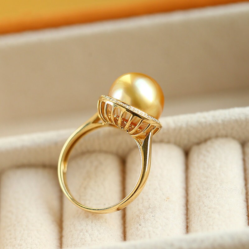 11mm Golden South Sea Pearl & Diamond Halo Ring in 18K Yellow Gold