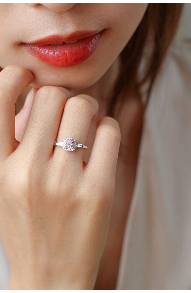 Pink Diamond Cushion Cut Wedding Ring - 18K White Gold