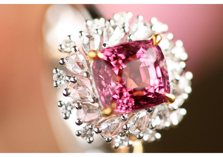 1ct Pink Red Spinel & Diamond Cluster Ring - 18K White Gold