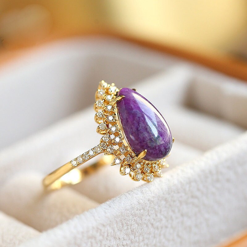 AAA+ Purple Sugilite Pear-Shape & Halo Diamond Ring in 18K Yellow Gold