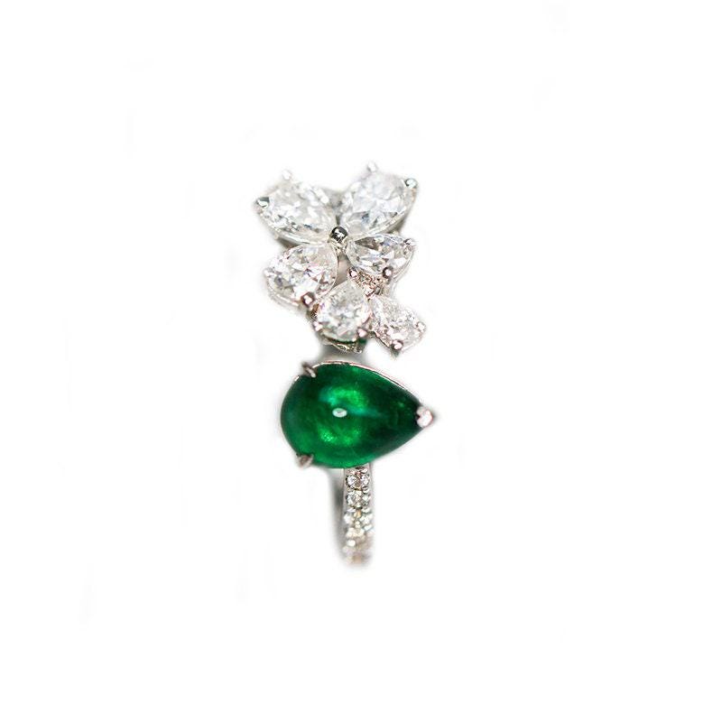 Cabochon Emerald & Diamond Ring in 18K White Gold