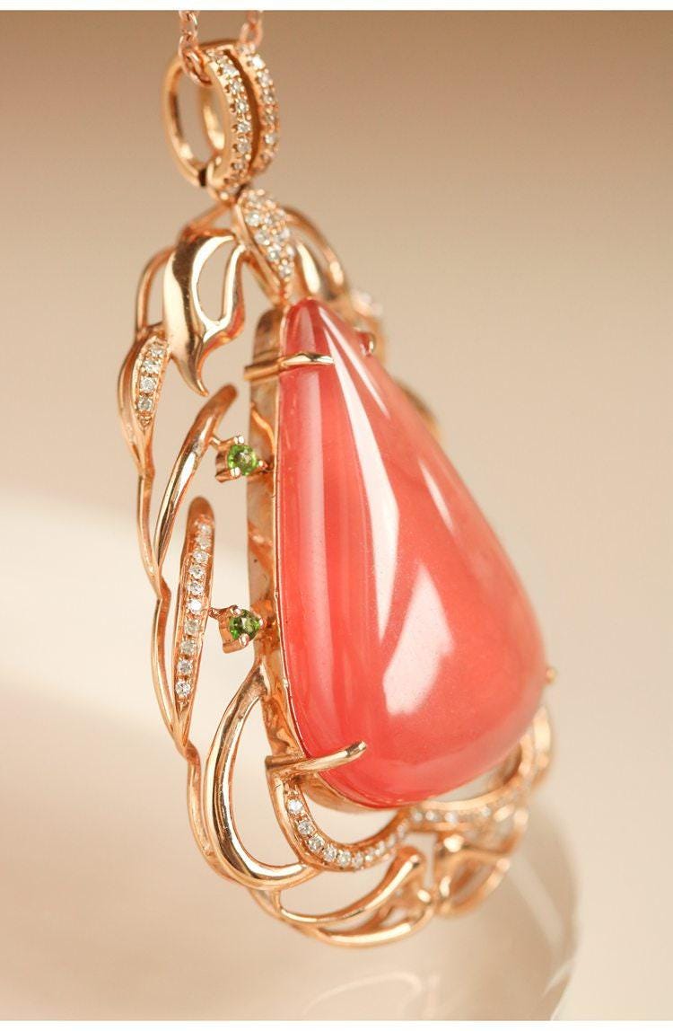 20.5ct Rhodochrosite Teardrop-Shape & Diamond Necklace in 18K Gold
