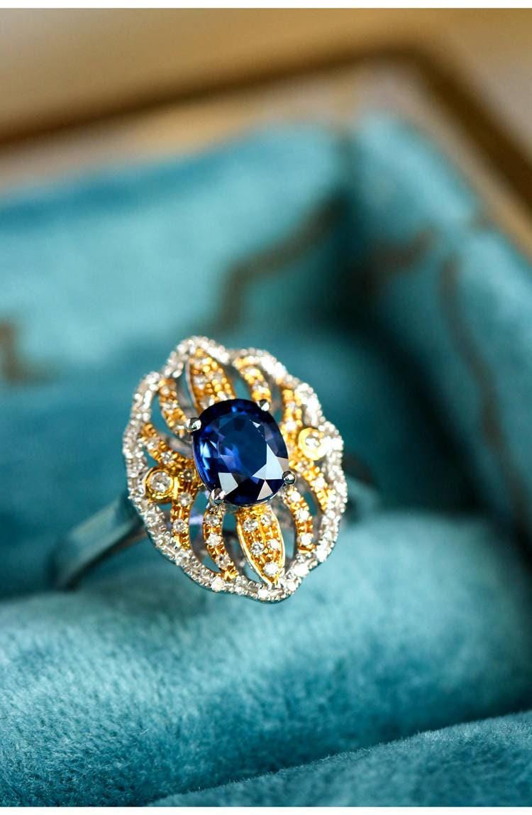 Blue Sapphire 18K Gold Free Form Ring with Diamonds