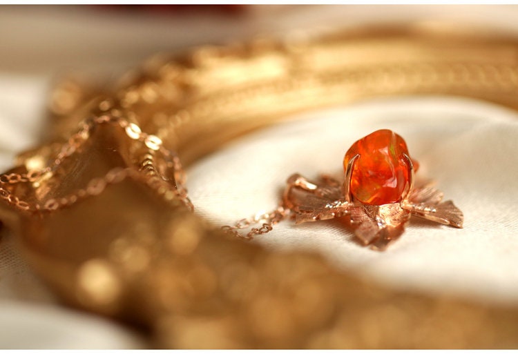 Leaf Design 1.98ct Fire Opal Diamond 18K Rose Gold Necklace