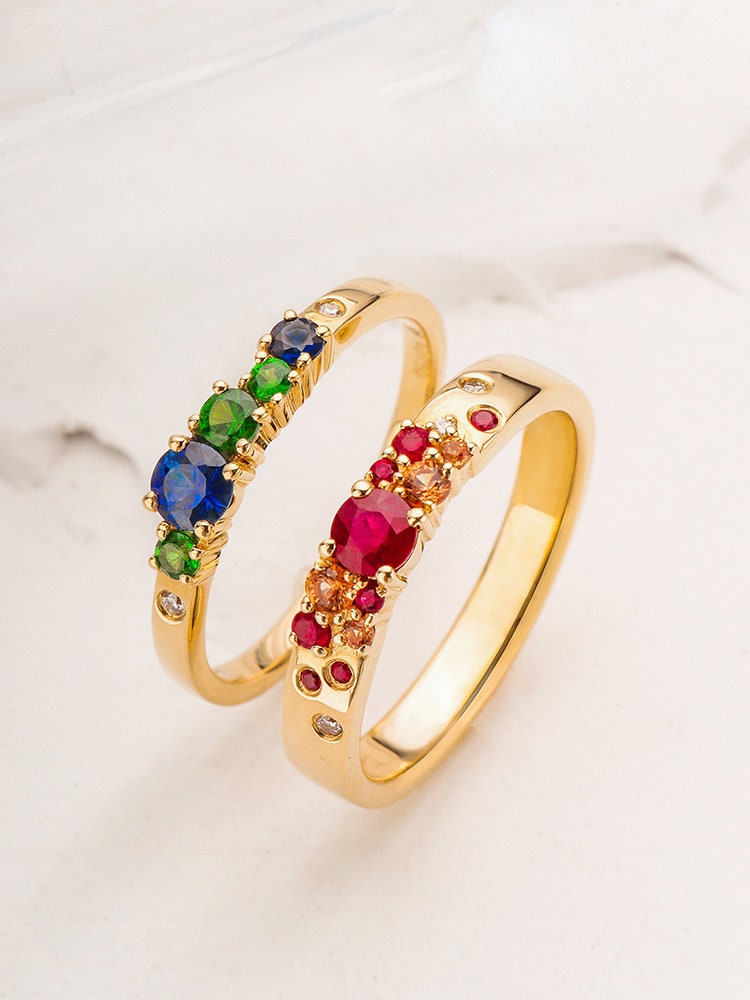Blue Sapphire Tsavorite Cluster Band Ring in 18K Yellow Gold