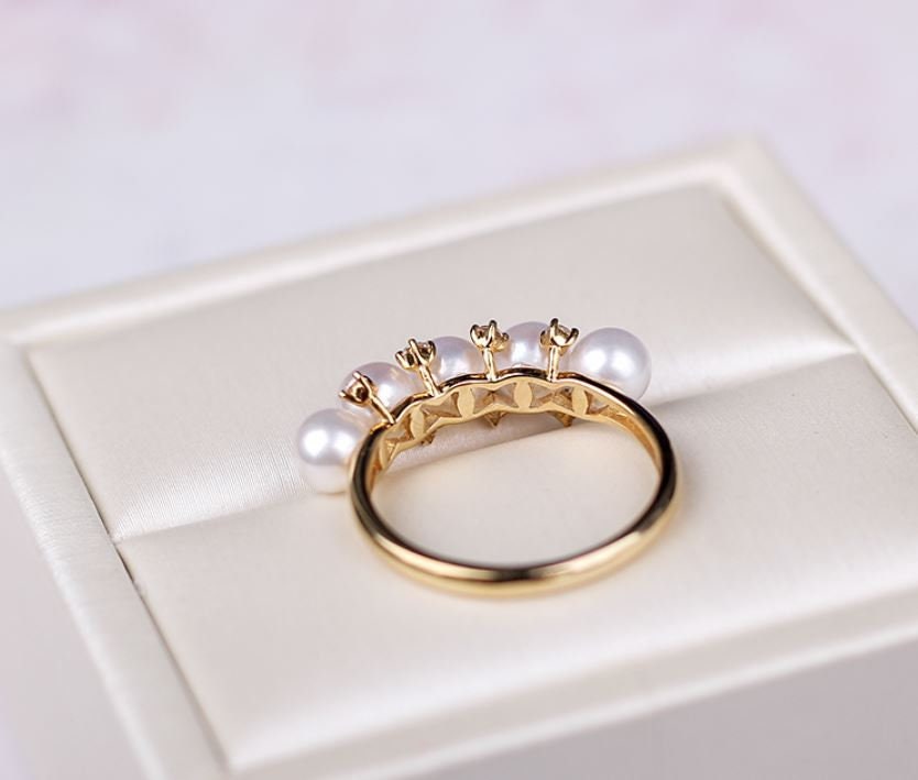 Five Akoya Baby Pearl & Diamond Ring in 18K Yellow Gold