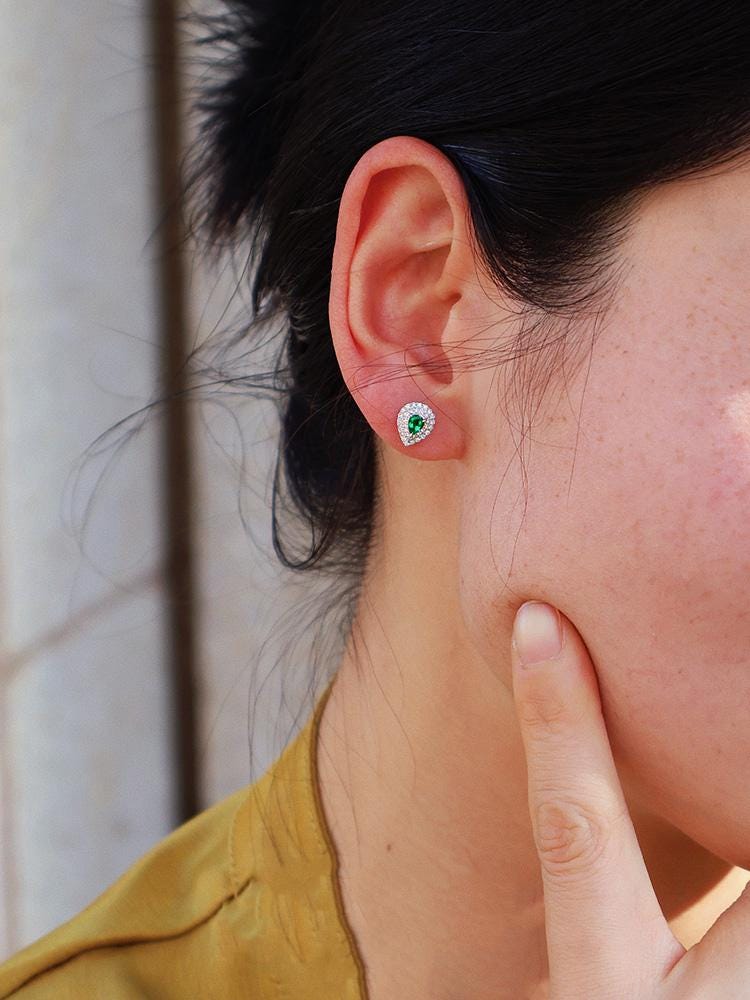 Emerald Teardrop Earrings with Double Diamond Halo in Platinum 950
