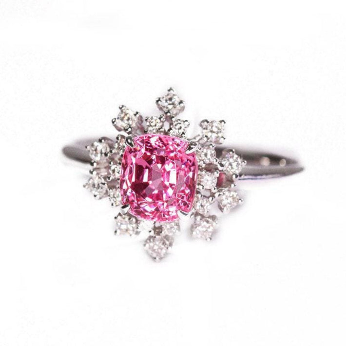 Snowflake Pink Spinel Cushion 18K Gold Ring with Diamond