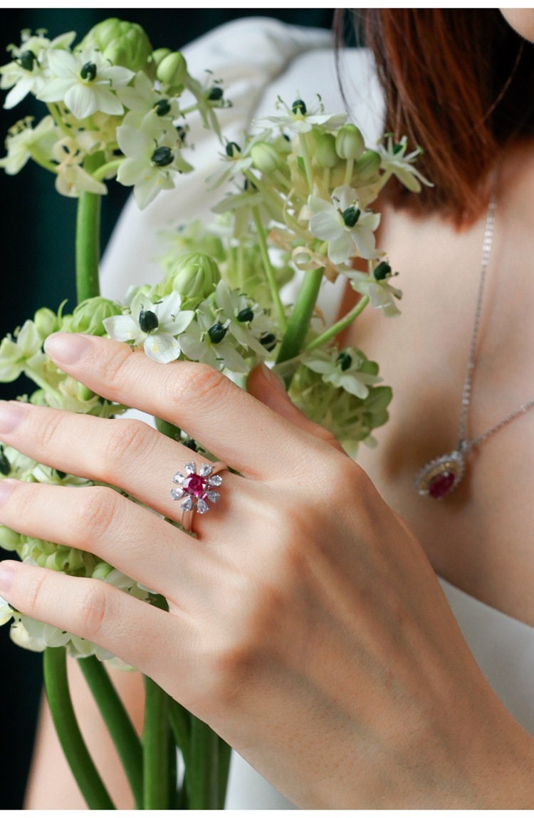 Flower Pink Spinel & White Sapphire Ring - 18K White Gold
