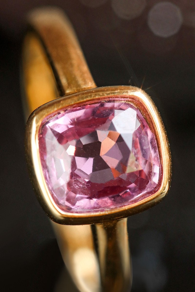 1.1ct Pinkish Cushion Bezal Set Ring in 18K Yellow Gold