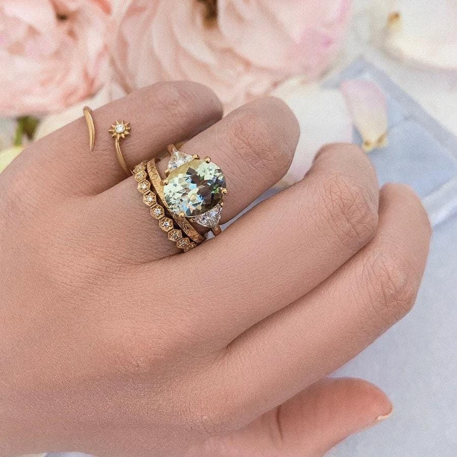 Hexagon Shaped Diamond Engraved Ring in 18K White Gold