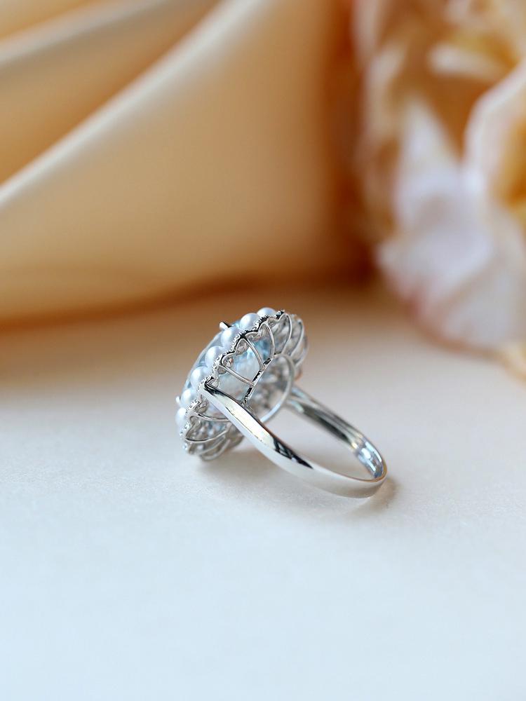5.7ct Santa Maria Aquamarine & Akoya Pearl Halo Ring in 18K Gold