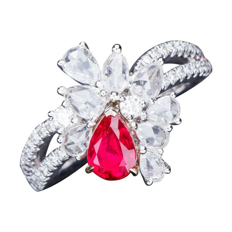 Cluster White Diamonds with Pear Ruby Platinum 950 Ring