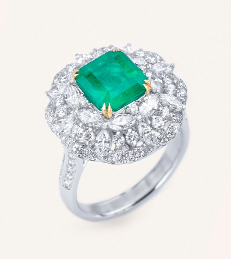 Art Deco Paraiba Tourmaline & Emerald Ring in Platinum 950