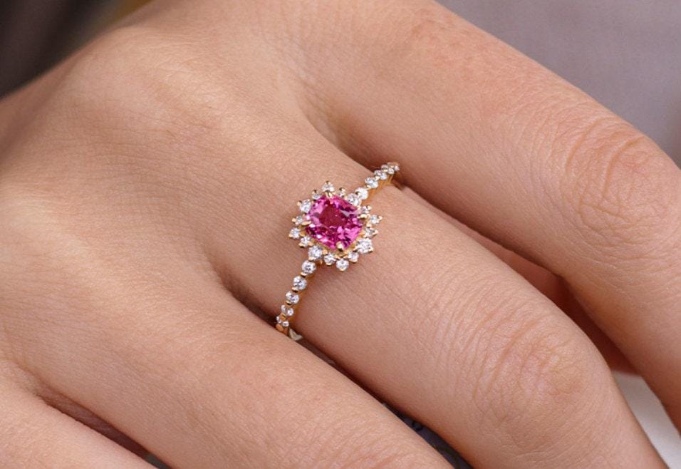 Diamond Halo Set Pink Spinel 18K Gold Ring