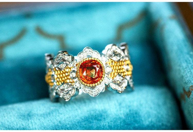 Italian Crafted 18K Two Tone Gold Ring - Sapphire Garnet Diamond