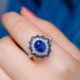 3.57ct Blue Sapphire & Halo Diamonds Ballerina Ring - 18K White Gold