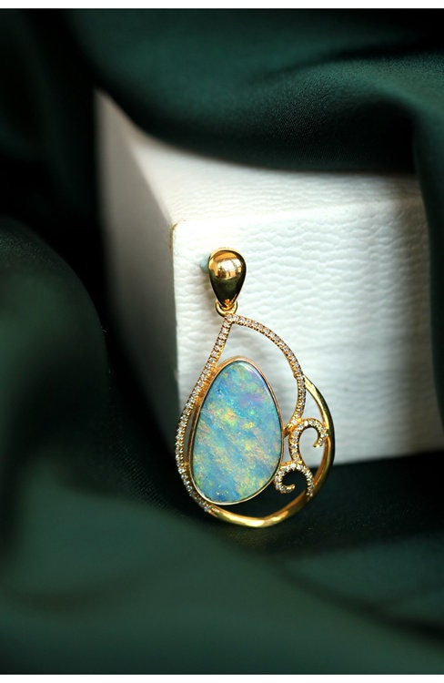 Blue Opal Diamond Mermaid Pendant - 18K Yellow Gold