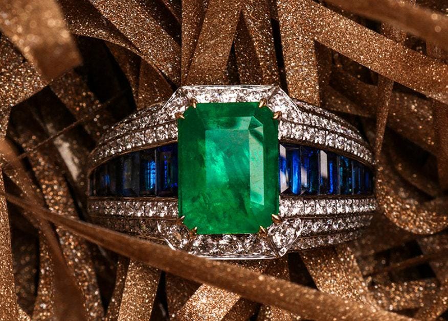 Art Deco 2.45ct Emerald & Diamonds Men's Ring in 18K White Gold