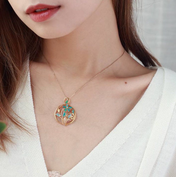 Blue Opal and Diamond Flower Necklace - 18K Yellow Gold