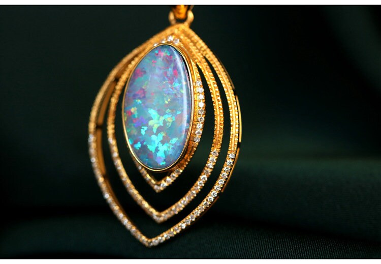 Mermaid Opal Pendant Necklace - 18K Yellow Gold with Diamond