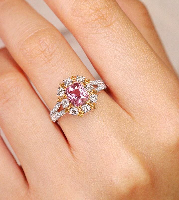 1.25ct Pink Sapphire Cushion Cut & Diamond Ring - 18K White Gold