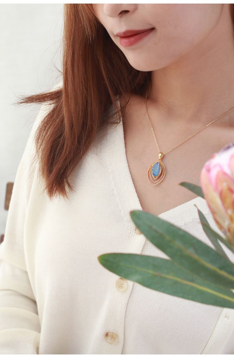 Mermaid Opal Pendant Necklace - 18K Yellow Gold with Diamond