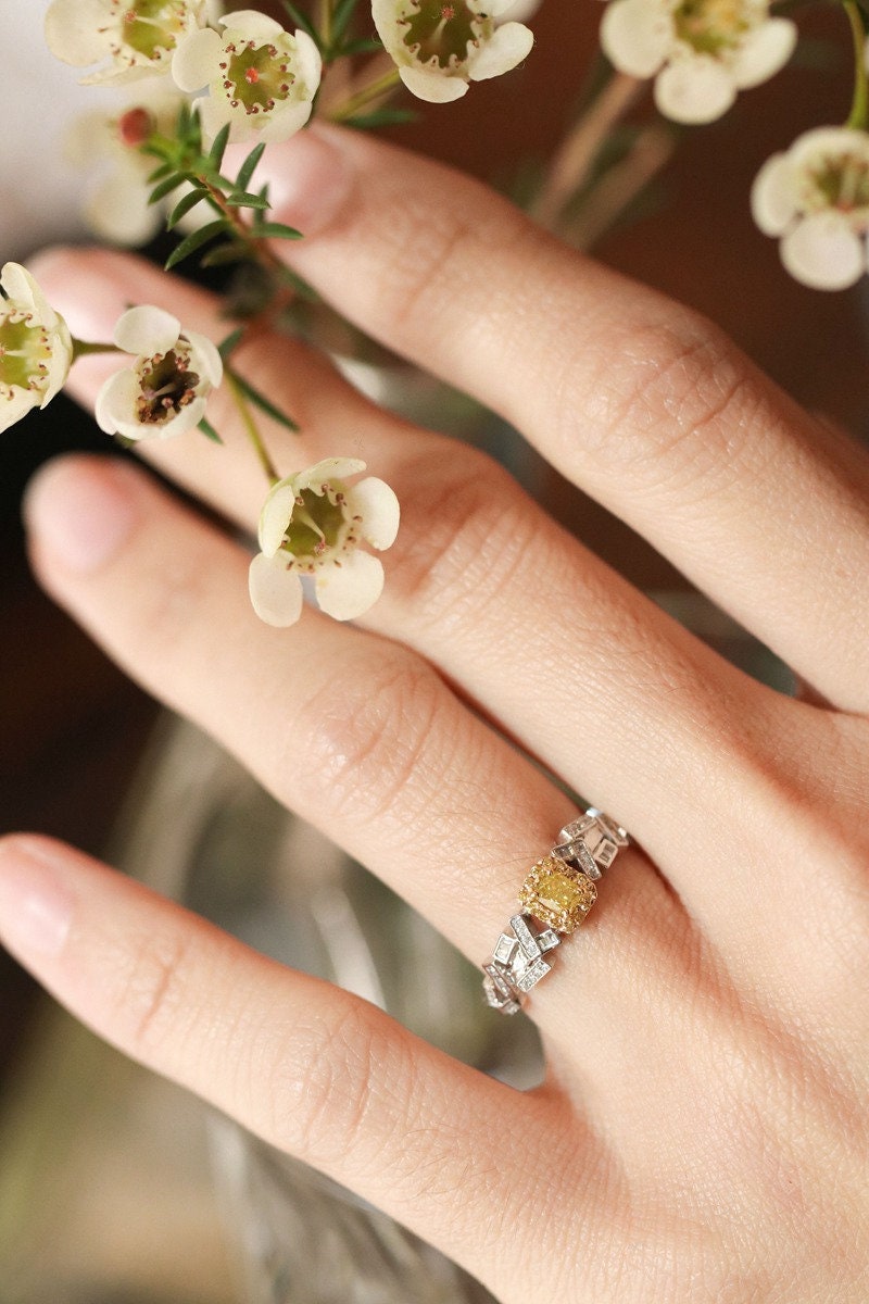 Pave Setting Fancy Yellow Diamond Ring in 18K White Gold