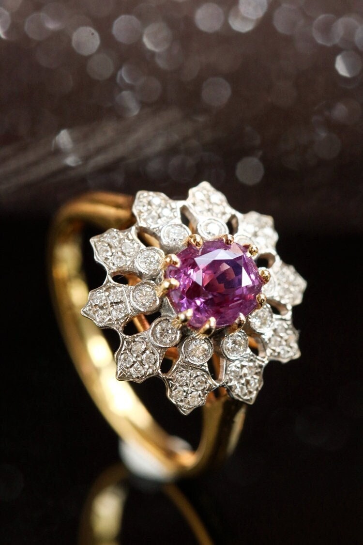 Flower Design Purple Spinel & Diamond Ring - 18K Yellow Gold