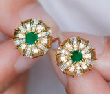 Brushed Finish 18k Gold Earrings with Emerald & Diamond