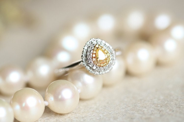 Fancy Yellow Diamonds Double Halo Teardrop Ring - 18K Yellow Gold
