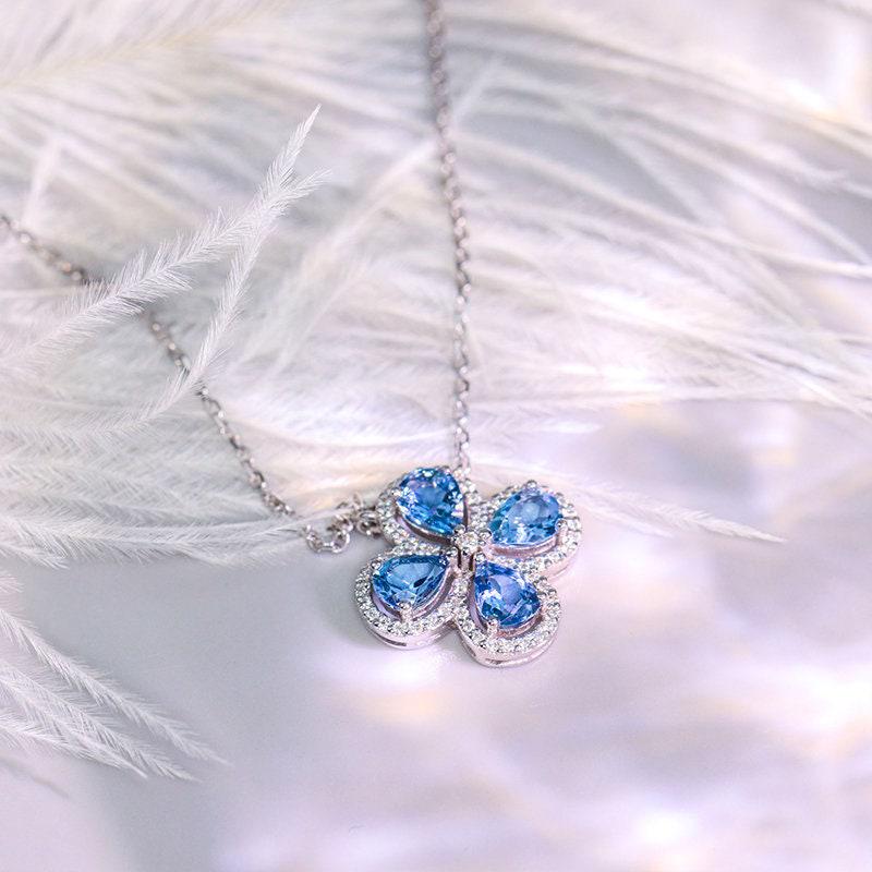 Four-Leaf Clover Aquamarine & Diamond Necklace in 18K White Gold