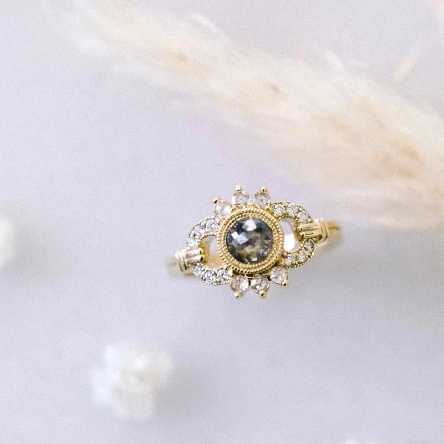 Grey Salt & Pepper Rose Cut Diamond 18K Gold Engagement Ring