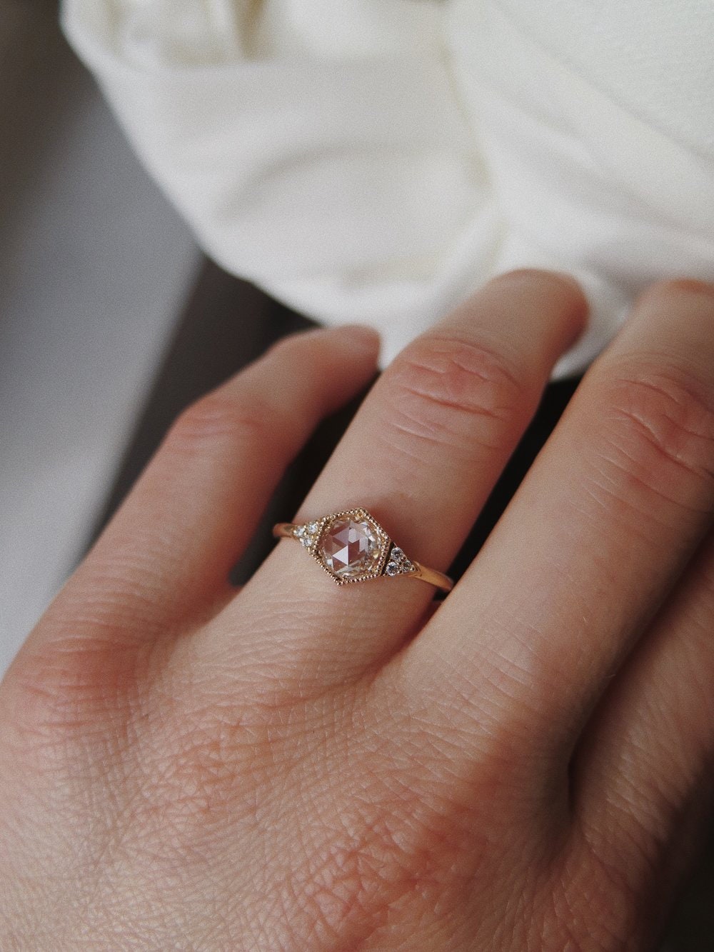 Rose Cut White Sapphire Stackable Ring in 18K Yellow Gold