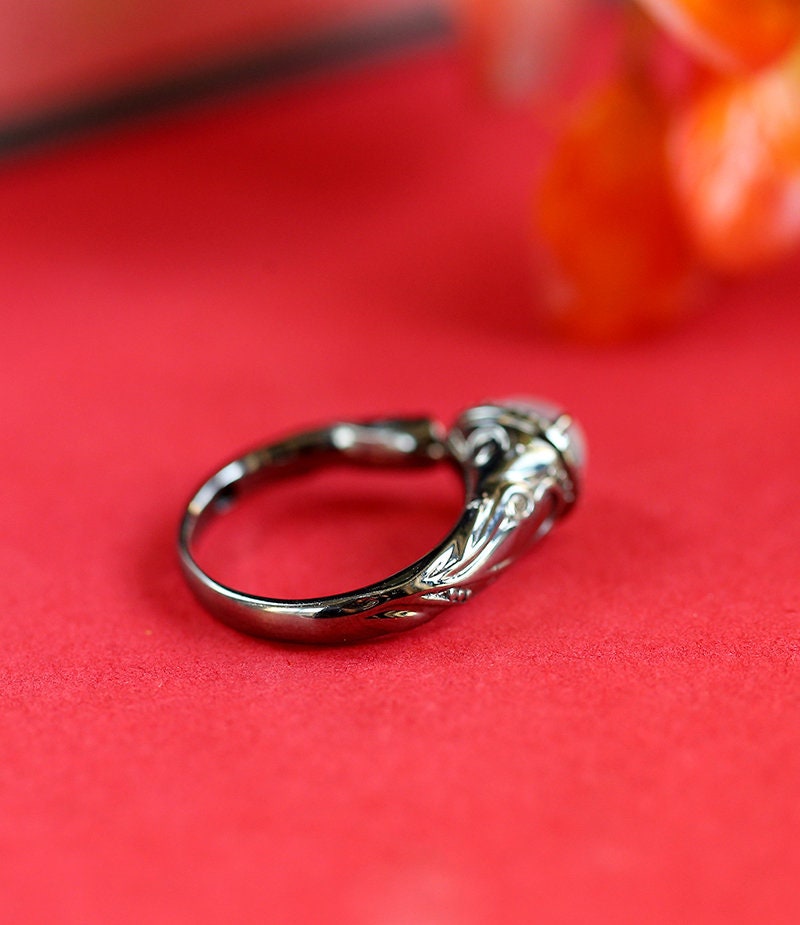 White Jade Cabochon Ring with Diamond Accents in 18K Black Gold