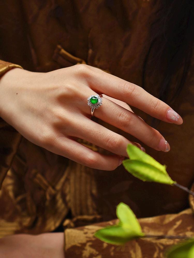 Art Deco Green Jade and Full Diamond Pave Ring in 18K White Gold
