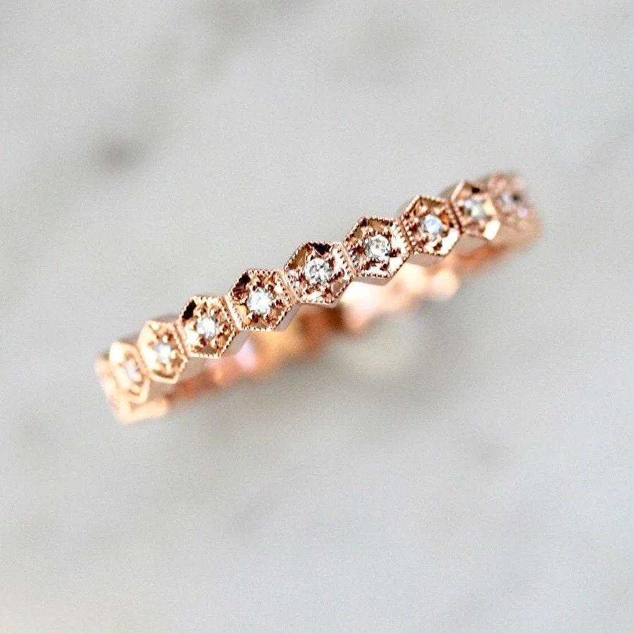 Hexagon Shaped Diamond Engraved Ring in 18K White Gold
