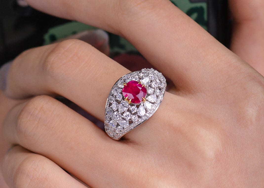 2.2ct Ruby Cushion Cluster Diamonds Ring in 18K White Gold