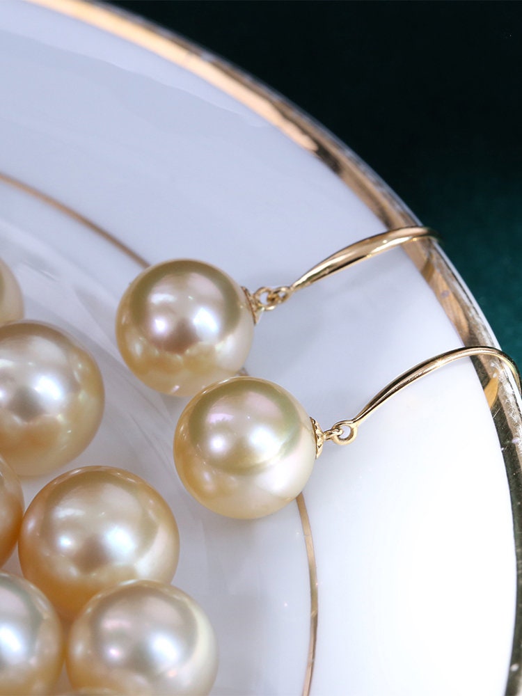 Huge 13mm South Sea Golden Pearl French Wire Earrings in 18K Gold