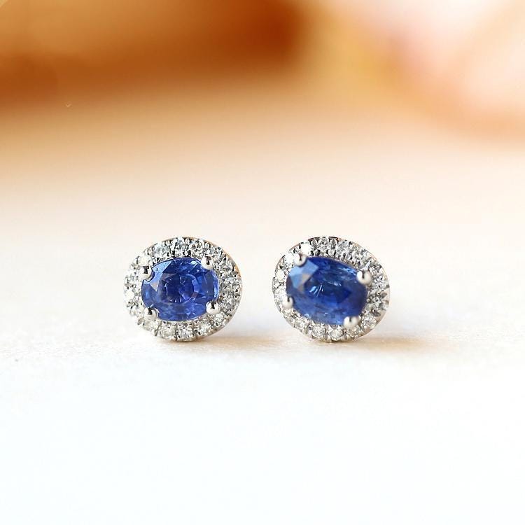 Blue Sapphire & Halo Diamonds Stud Earrings - 18K White Gold