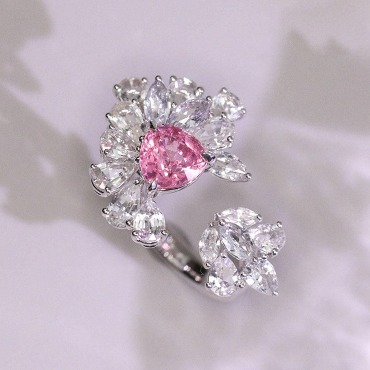 Pink Spinel Trilliant 18K White Gold Open Ring with White Sapphire